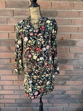 LOFT Black Floral Wildflower Long Sleeve Smocked Button Dress Size XS
